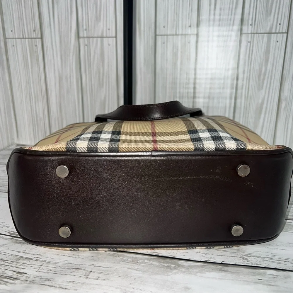 Burberry Vintage Nova Check Tote Bag Brown Leather Trim Plaid Shoulder Handbag